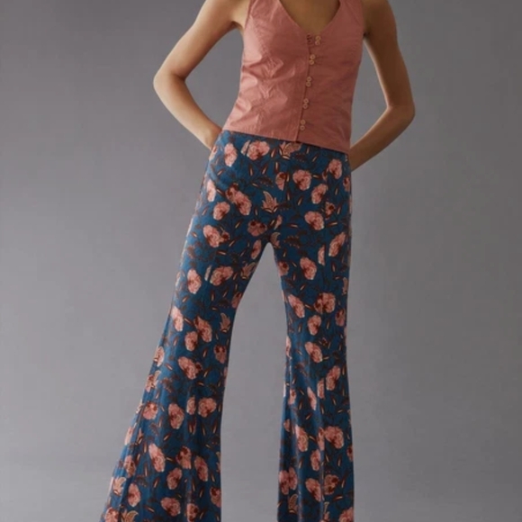 Anthropologie Blue Floral Wide-Leg Flare Pants - Picture 2 of 9